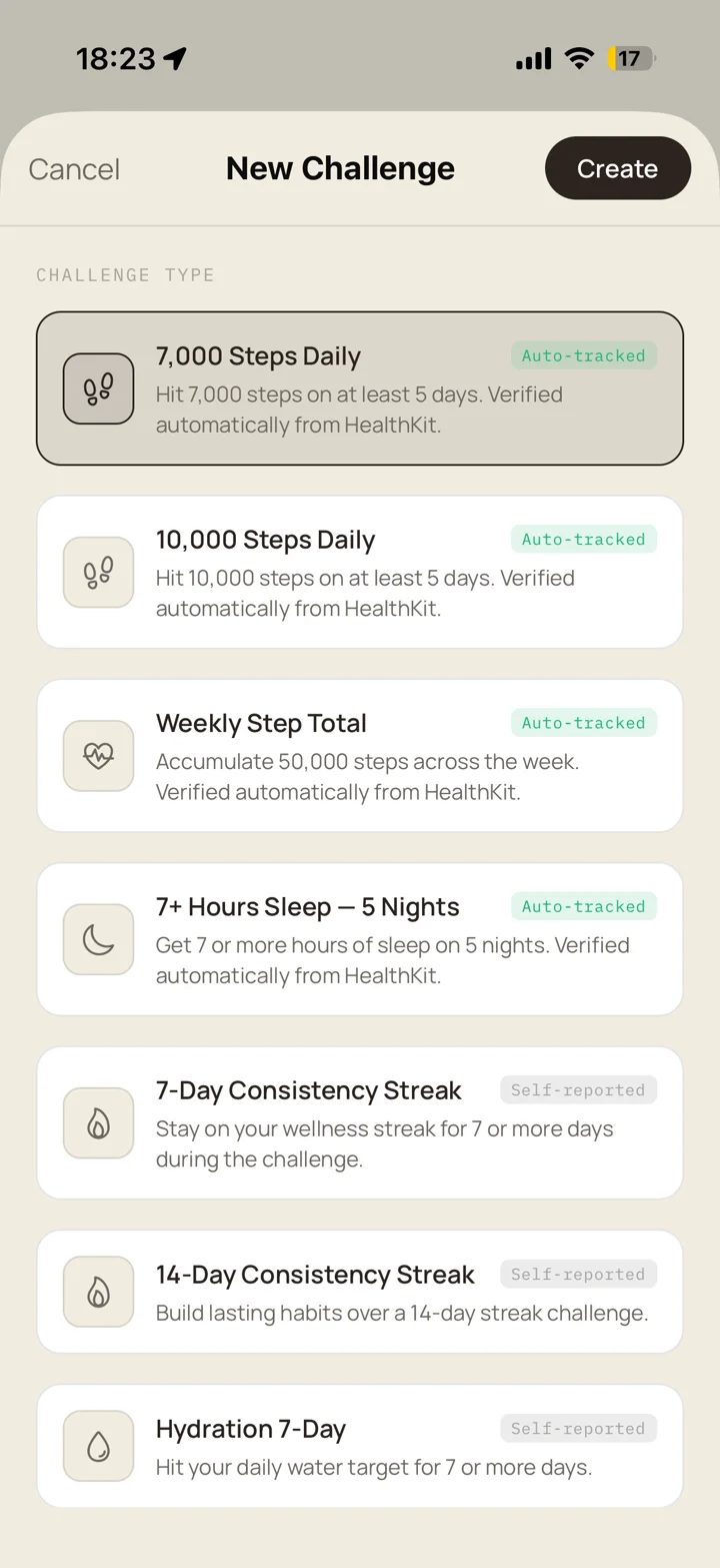 Wolfburgh app challenge screen showing step and sleep targets verified from Apple Health
