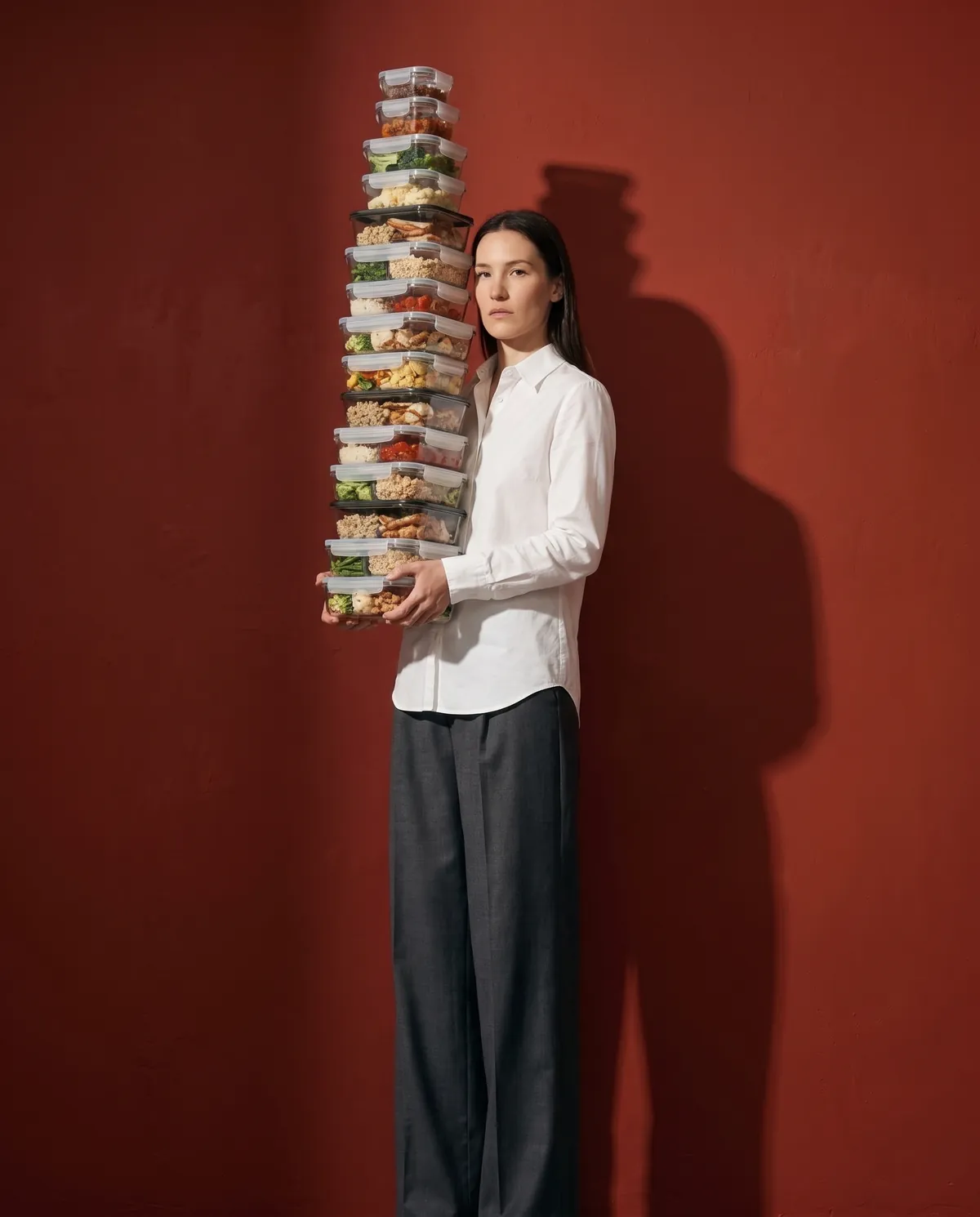 A woman in a white shirt holds a tall tower of meal-prep containers against a rust-red wall.