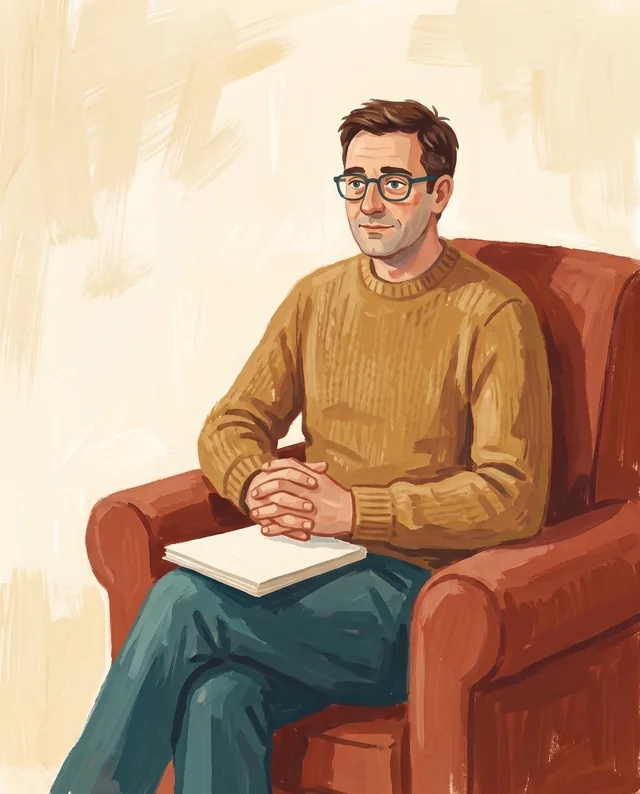 Illustration: a behaviour specialist in an armchair listens attentively, a notebook on his knee.