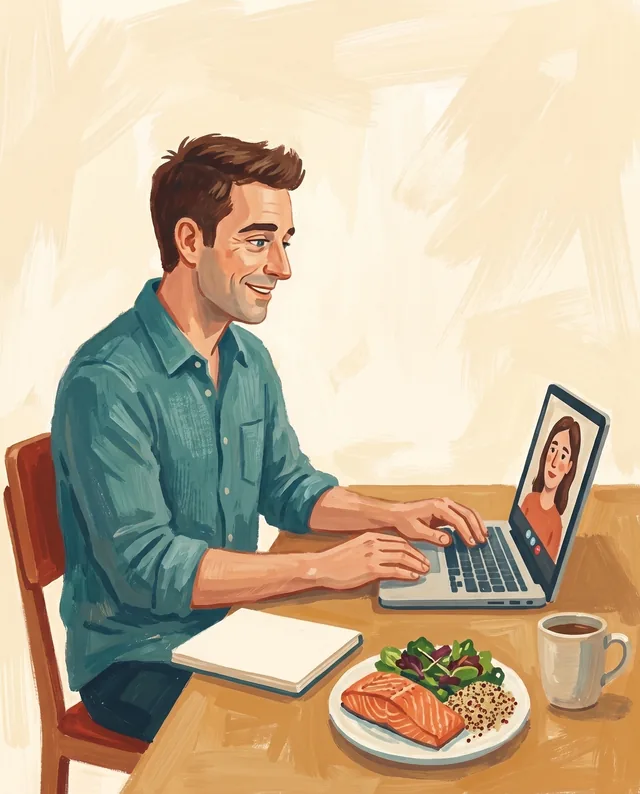 Illustration: a nutritionist with a plate of salmon, greens and grains talks a client through their plan on a video call.