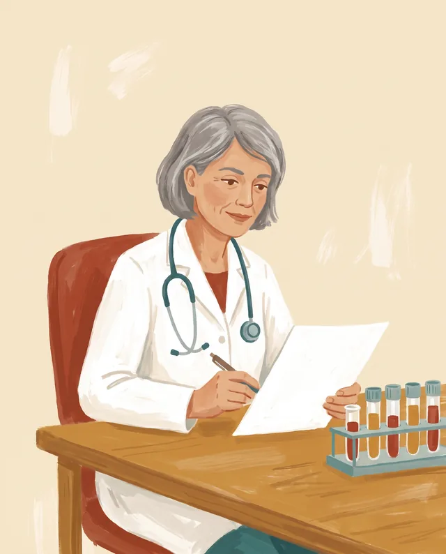 Illustration: a physician in a white coat with a stethoscope reviews a lab report beside a rack of blood samples.