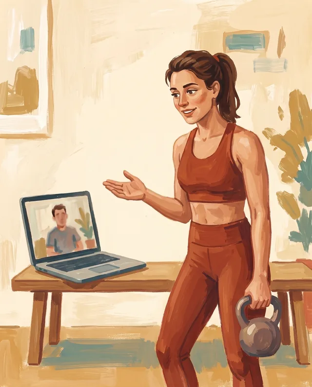 Illustration: a personal trainer holding a kettlebell coaches a client on a video call.